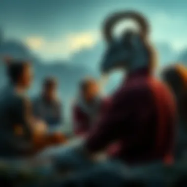 Capricorn observing surroundings A Capricorn character sitting quietly, watching a group of people engage in conversation, showing keen interest in their interactions.