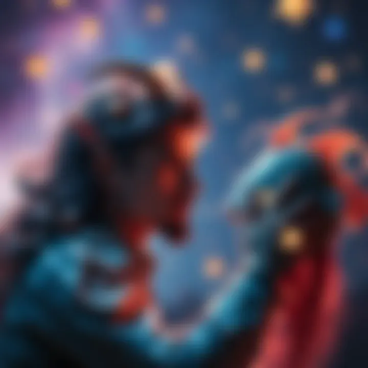 Capricorn and Pisces Love A Capricorn looking thoughtfully at a dreamy Pisces in a romantic setting with stars above them.