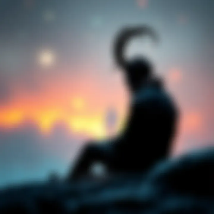 A Capricorn person sitting alone, looking thoughtful and contemplative, surrounded by a serene setting that suggests isolation yet hints at a longing for connection.