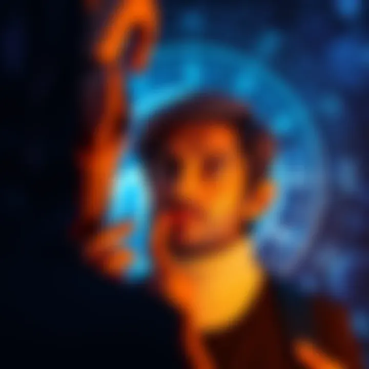 A person with a thoughtful expression, looking at a mirror, symbolizing the struggle of honesty and perception, with a backdrop of zodiac symbols.