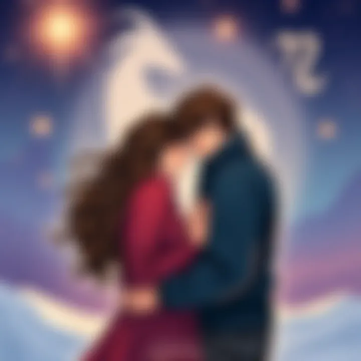 A couple with Capricorn symbols in the background, showcasing their hardworking nature and cool aspects in a romantic setting.