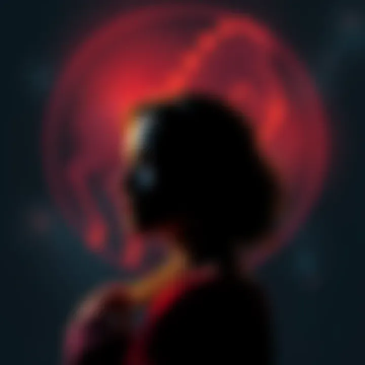 A Scorpio woman reflecting thoughtfully, with a shadowy Capricorn symbol in the background, representing emotional complexity and relationship dynamics.