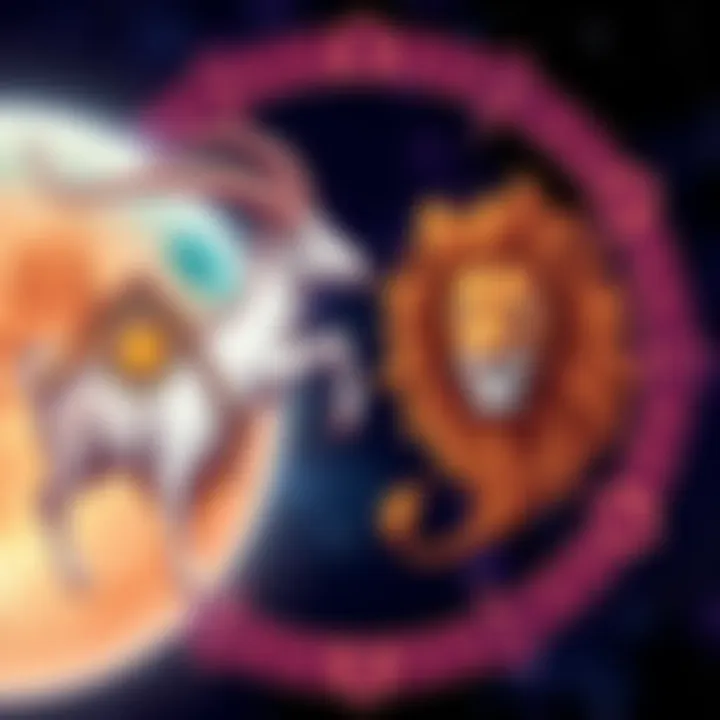 A colorful illustration representing Capricorn Sun and Leo Moon traits with symbols of goats and lions, surrounded by astrological signs.