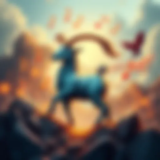 An artistic representation of Capricorn vibes featuring musical notes and earthy symbols, reflecting ambition and practicality.