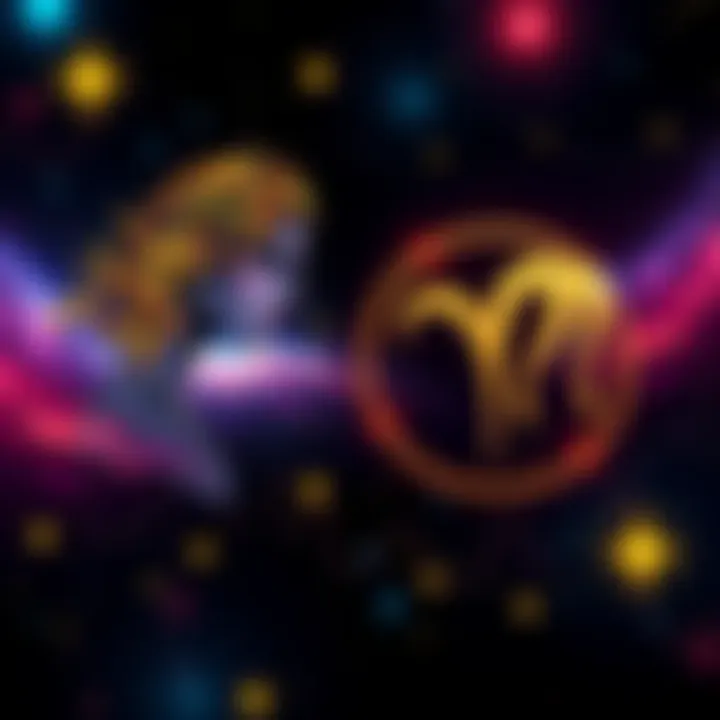 An illustration showing Capricorn Venus symbol with traits like ambition and depth, alongside Aries MC symbol representing career and leadership, with colorful stars in the background symbolizing astr...