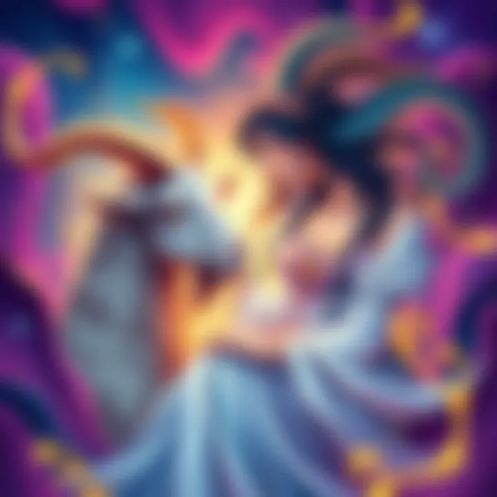 A visual representation of Capricorn and Virgo elements, showing a goat and a maiden together in harmony, symbolizing their strong connection in love and friendship.