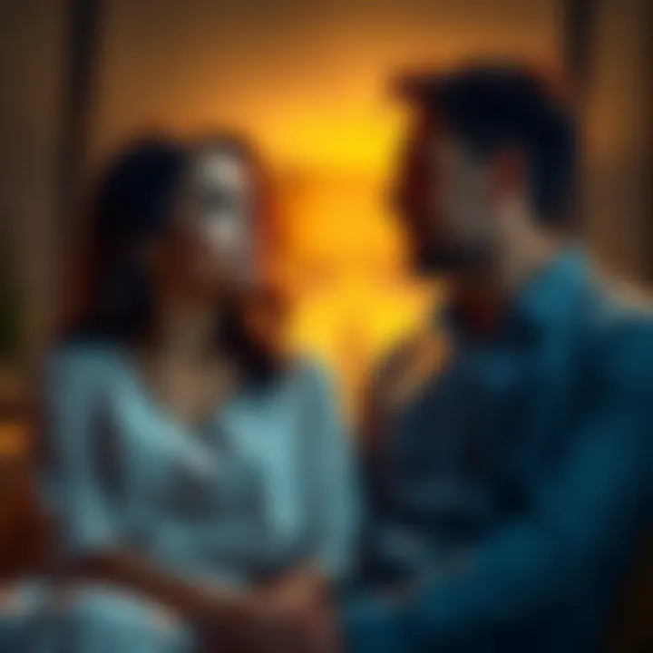 A Capricorn woman sitting thoughtfully while looking at a Cancer man, both reflecting on their relationship dynamics, showing emotions of love and confusion.