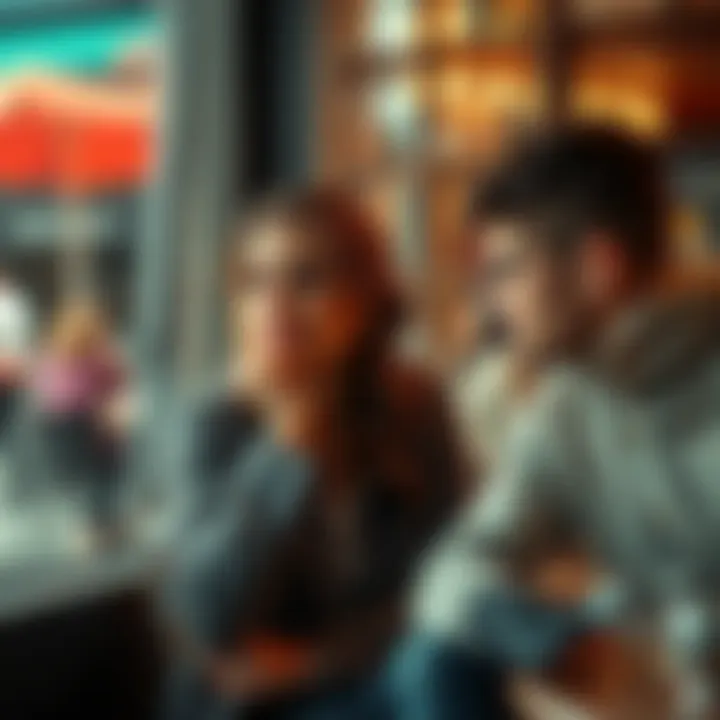A Capricorn woman sitting thoughtfully in a cafe, engaging in casual conversation with a young man, contemplating the balance between charm and authenticity.