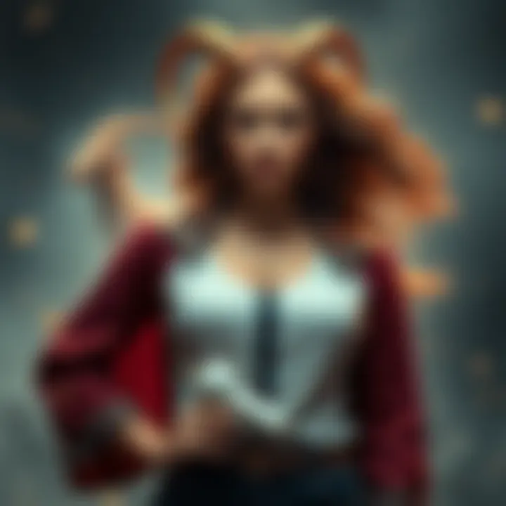 A confident Capricorn woman stands strong, surrounded by symbols of her traits like ambition and determination, reflecting her unique personality.
