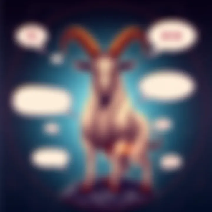 A graphic illustration of the Capricorn zodiac sign with a goat symbol, emphasizing direct communication and misunderstandings, surrounded by speech bubbles