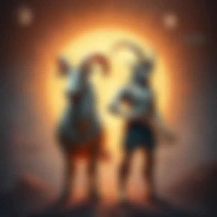 A Capricorn and an Aquarius character, standing side by side, each displaying unique traits, with symbols of patience and hard work in the background.