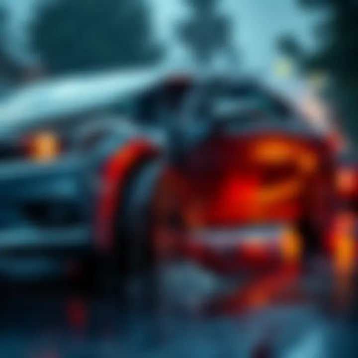 A car crashed on a rainy road, with water splashing on the tires and damaged front bumper.