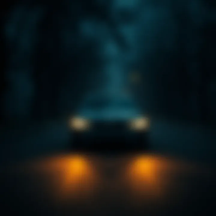 A car with headlights on driving down a dimly lit road surrounded by trees at night, creating a spooky yet exciting atmosphere.