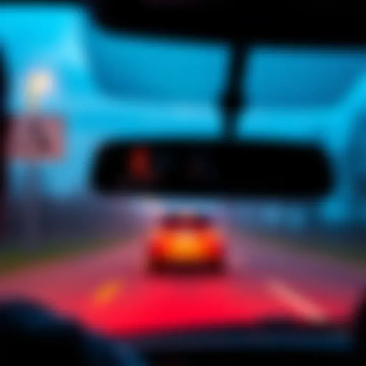 Car suddenly appears behind driver A startled driver looks in the rearview mirror at a car unexpectedly close behind them on a road after a T-junction