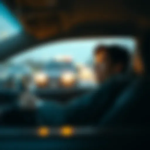 A surprised person in a car looking at another vehicle that suddenly appears ahead while they listen to an audiobook