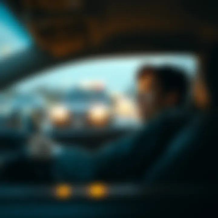 Car in front during audiobook listening A surprised person in a car looking at another vehicle that suddenly appears ahead while they listen to an audiobook