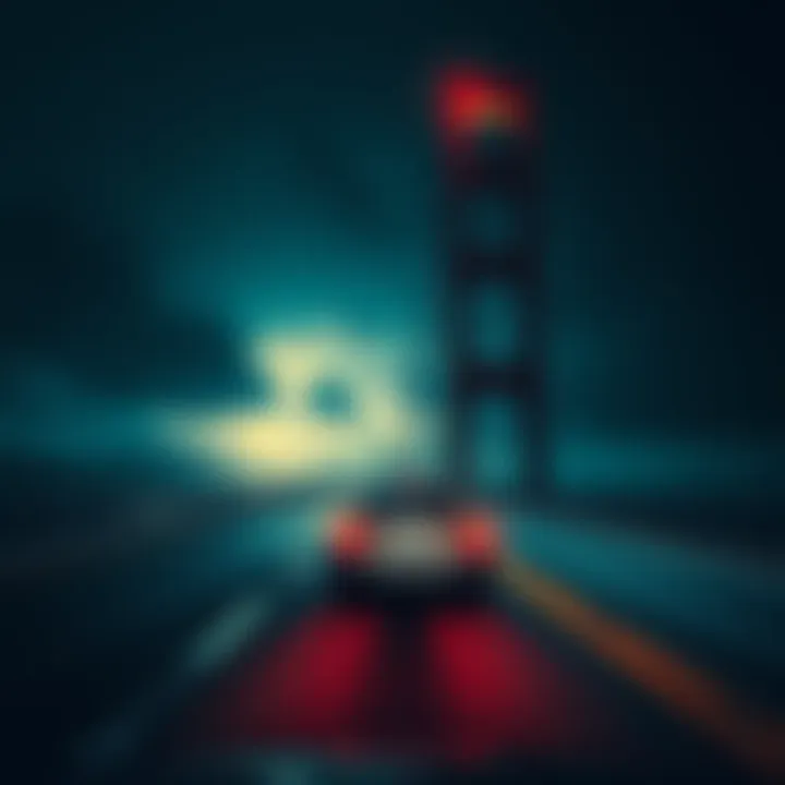 Car speeding toward the Bay Bridge A dark road leads to the Bay Bridge with a car speeding towards it, representing anxiety and chaos