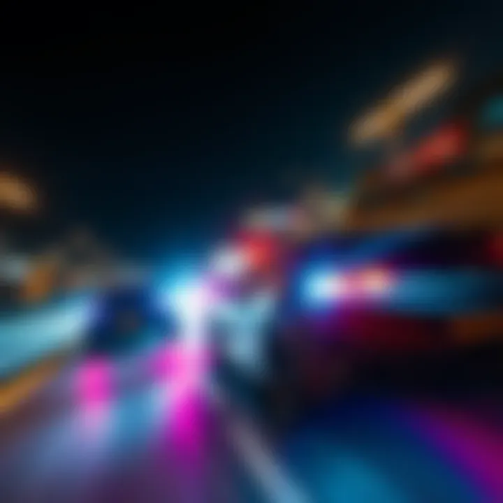 High-speed car chase at night with lights and motion blur