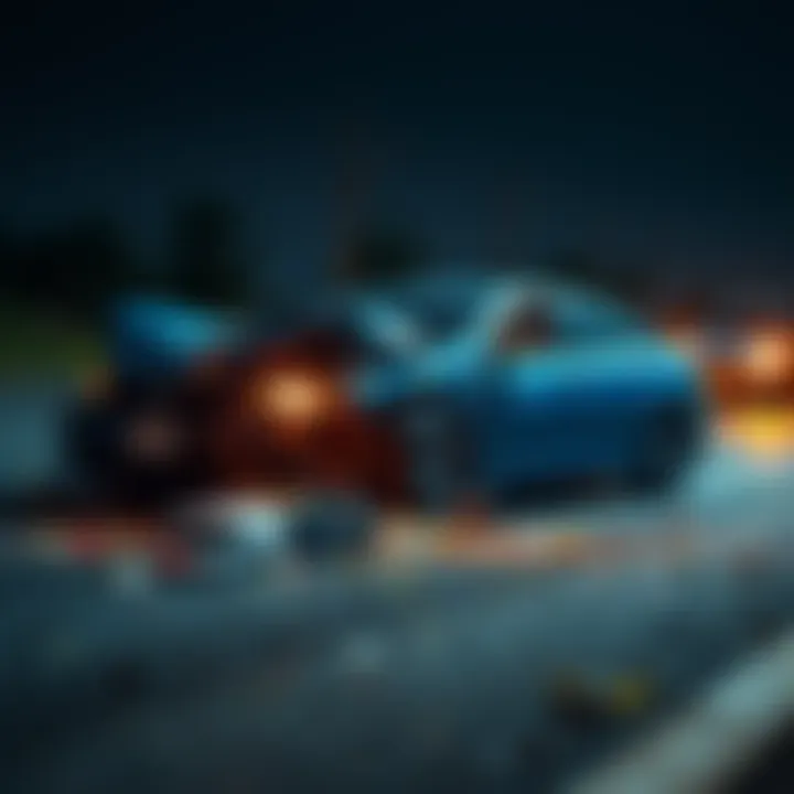 A damaged car on the roadside after a severe accident, with debris scattered around