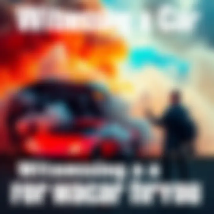 A vibrant scene of a dramatic car crash involving a supercar, with smoke and debris, as an observer watches in shock and curiosity