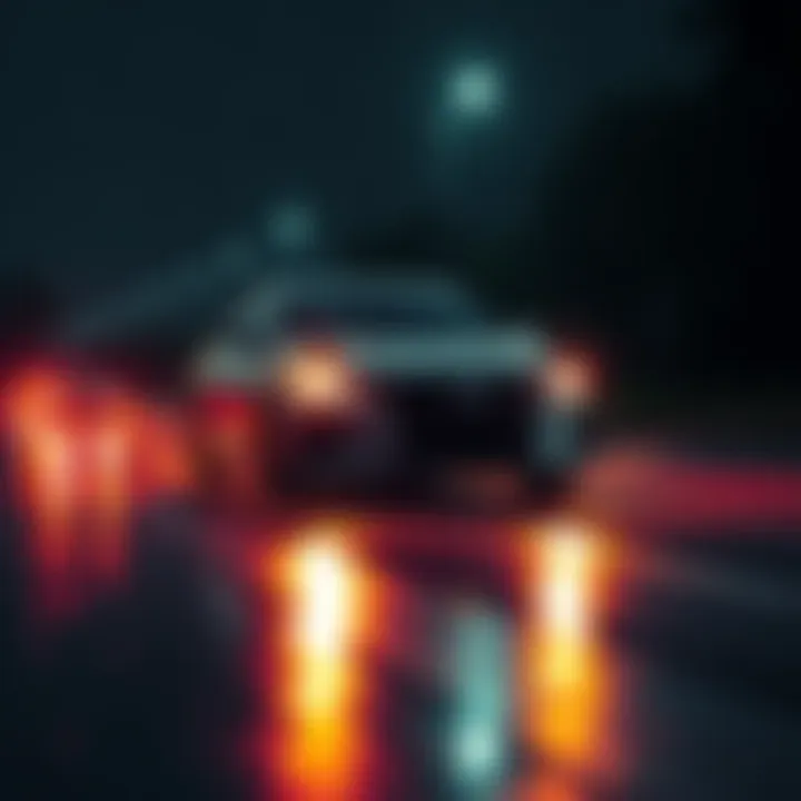 A car on a dark, rainy road, reflecting headlights on wet pavement, depicting a tense moment before a near-miss accident