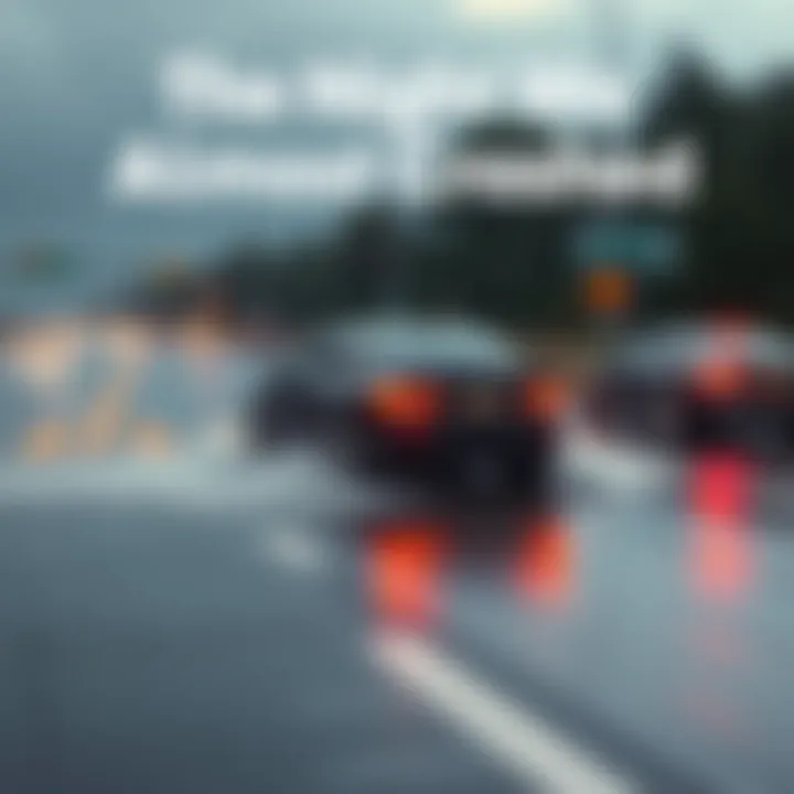 A car skidding across a wet highway during a rainstorm, with blurred motion capturing the intensity of a near-accident.