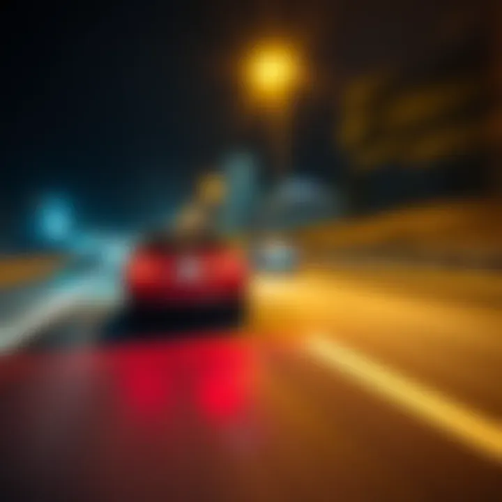 A car speeding down a dark road with blurred lights around it, suggesting a reckless drive