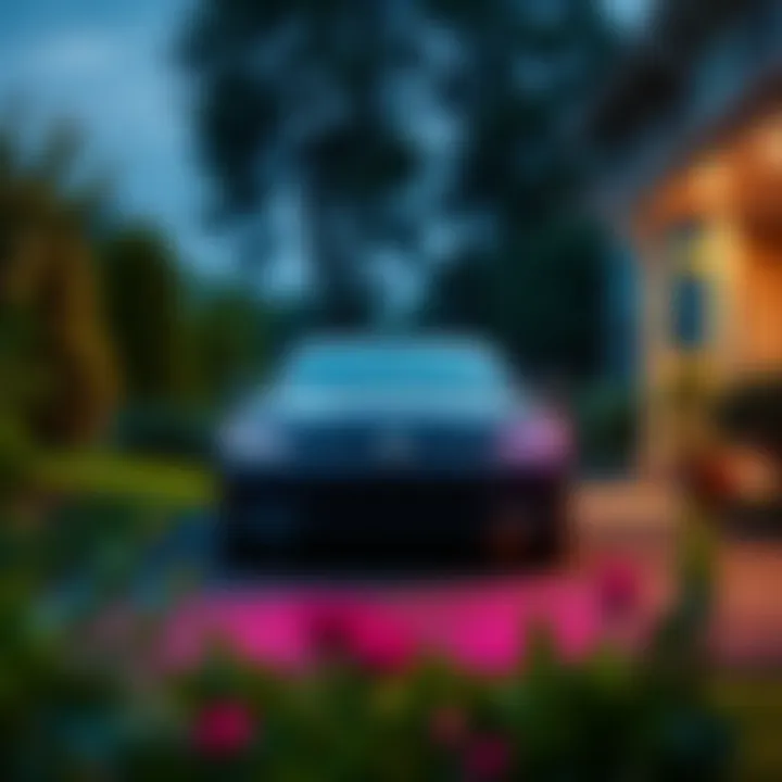 A car parked in a driveway surrounded by greenery, symbolizing a connection between owner and vehicle