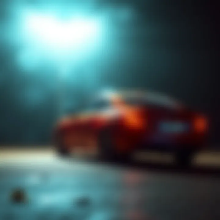 A car in a quiet setting with a glowing light overhead, symbolizing unexpected repair and manifestation.