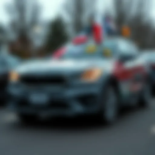 A parked car displaying multiple emblems representing different beliefs and identities.