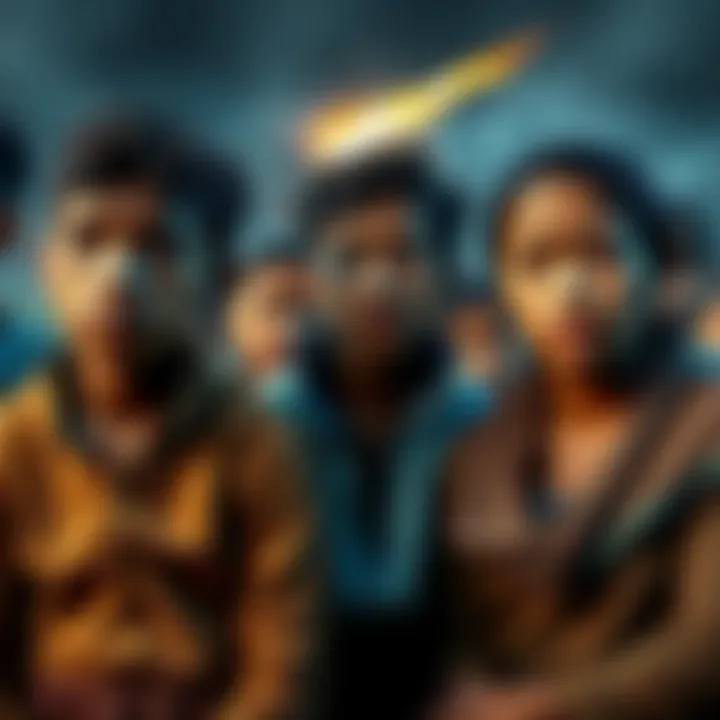 Several villagers in Carancas, Peru showing symptoms of illness after meteorite impact, with expressions of concern and discomfort on their faces.