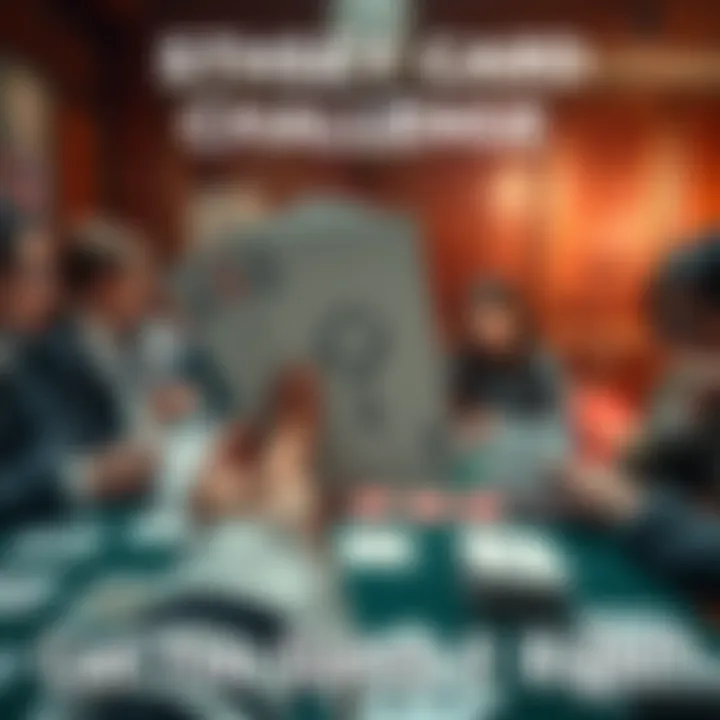 A close-up of a hand holding a playing card with a question mark drawn on it, surrounded by other cards and people discussing their guesses.