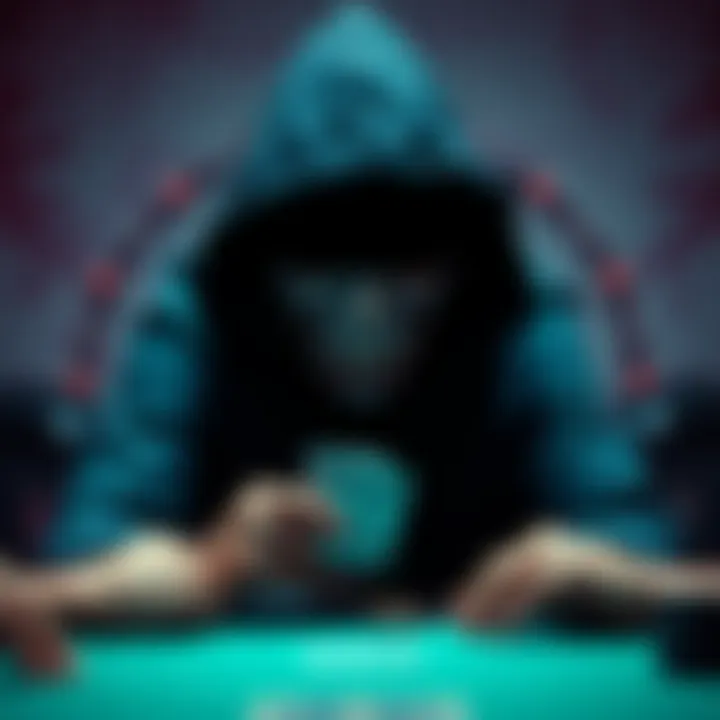 A player sits at a table facing a dark, shadowy figure during a tense card game, with a mix of fear and determination on their face.