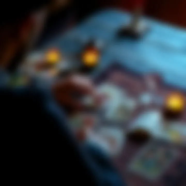 A person with tarot cards laid out on a table, focused on reading the cards for insights about the future.