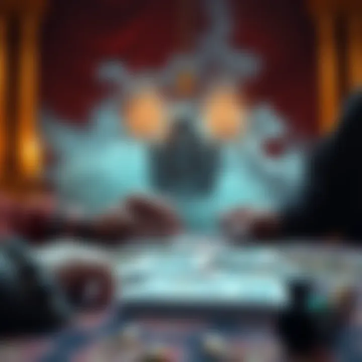 A card reader shuffles tarot cards while the Hanged Man spirit influences the process, showing a mystical atmosphere.