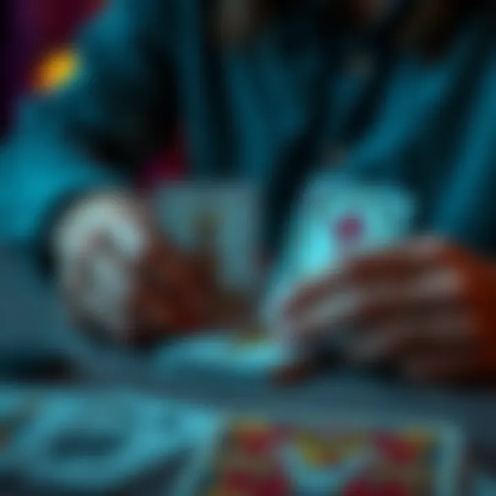 A person performs a card reading with tarot cards on a table, focusing on the Tower and Cross cards, symbolizing relationship patterns.