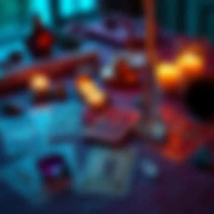 Card Reading for Relationships A tarot card spread on a table with candles and crystals, symbolizing insights into love and friendships for the upcoming six months.