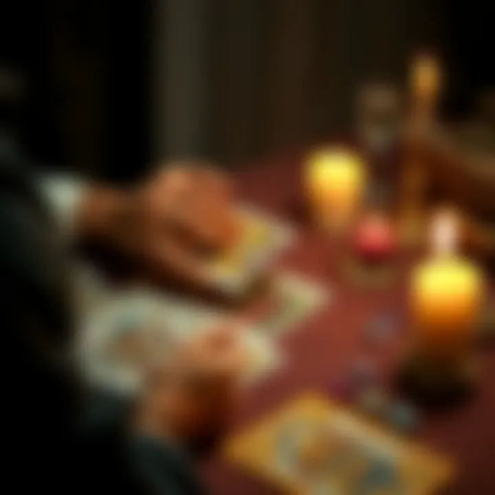 A person pulling tarot cards on a table with candles and crystals around
