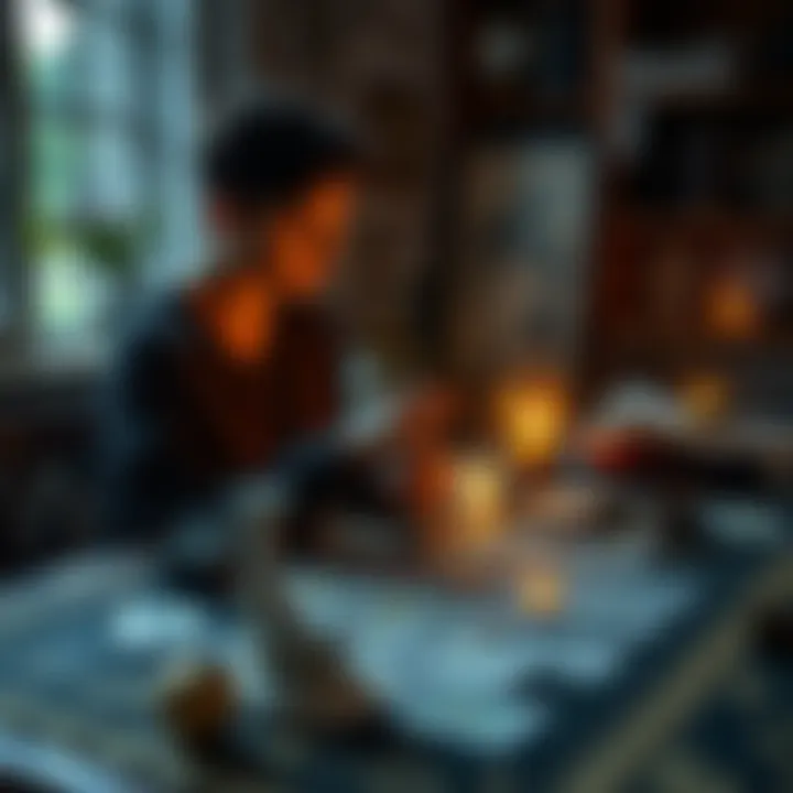 A person sitting at a table with tarot cards spread out, focused on their intuition while selecting cards.