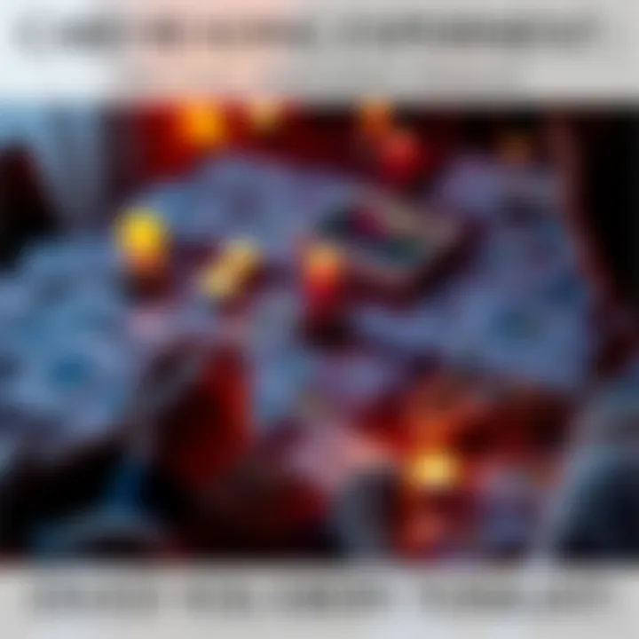 A table with tarot cards spread out, candles lit, and a person writing down names and favorite colors, creating an inviting atmosphere for energy readings.