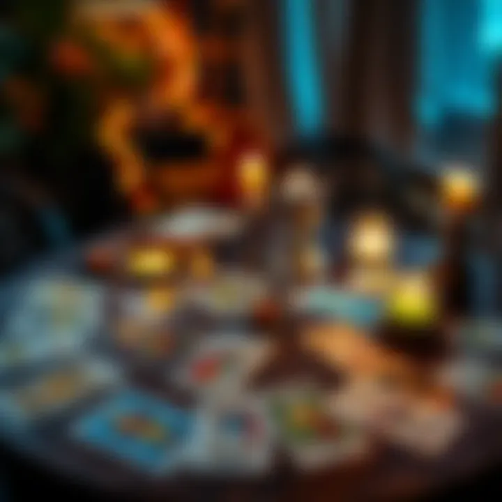 A colorful array of tarot cards laid out on a table with a cozy ambiance, inviting people to participate in a card reading to find out who is thinking about them.
