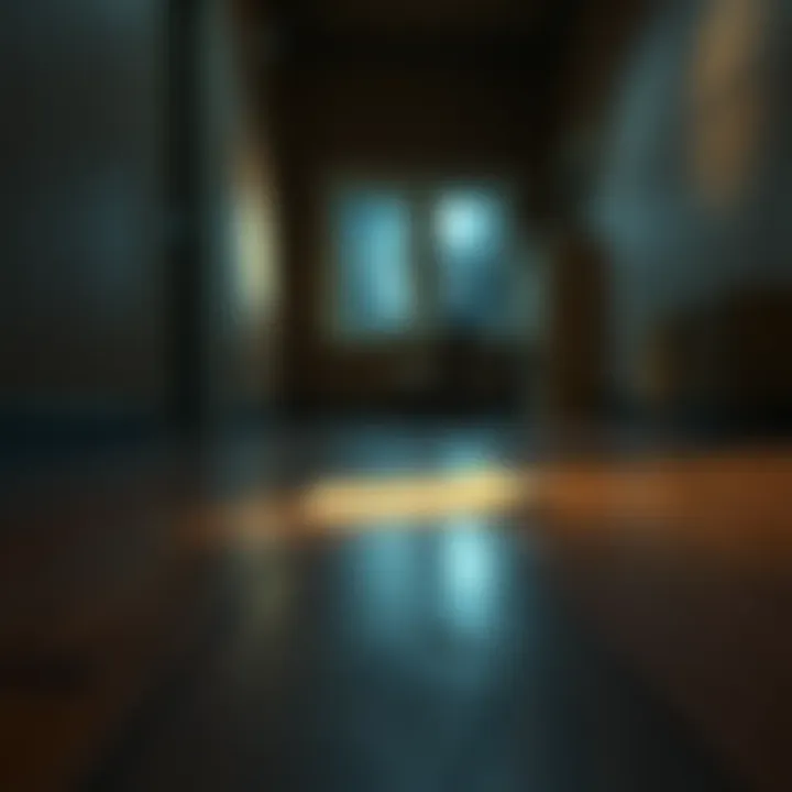 A piece of cardboard sliding across a wooden floor in a dimly lit room