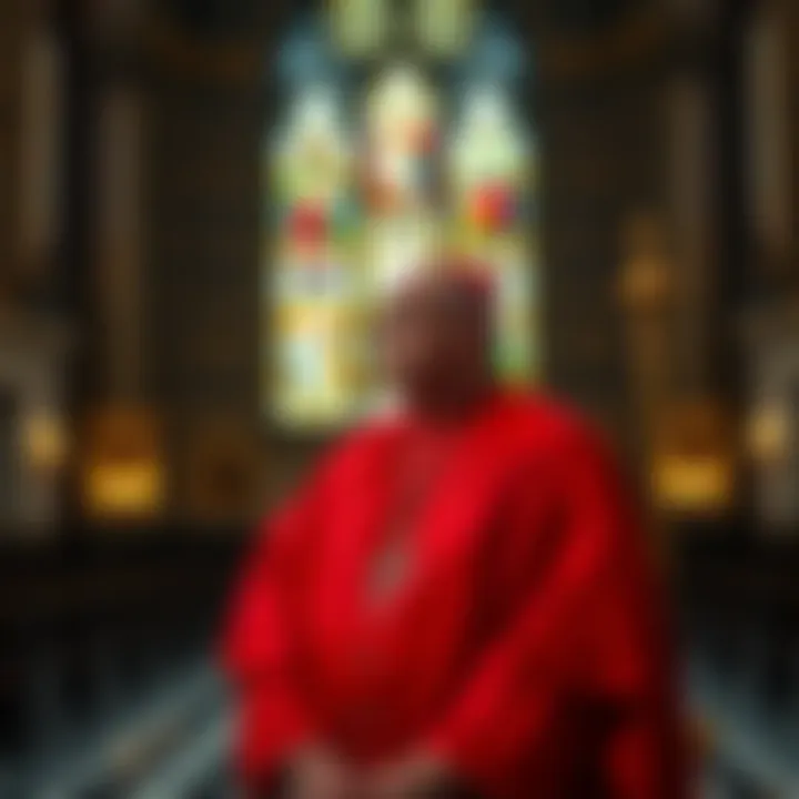 A Cardinal in traditional red robes stands in a church, looking contemplative and serious, with stained glass windows in the background.