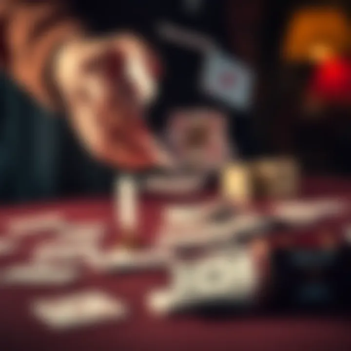 Cards falling from hands while shuffling A person's hands dropping playing cards during a shuffling process, with some cards scattered on the table.