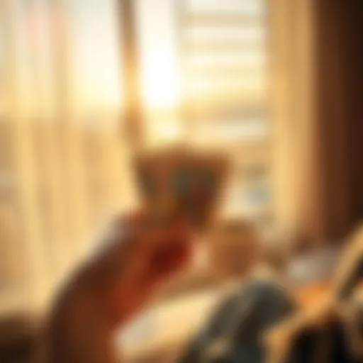 A person holds tarot cards in one hand while sipping coffee in the morning sun