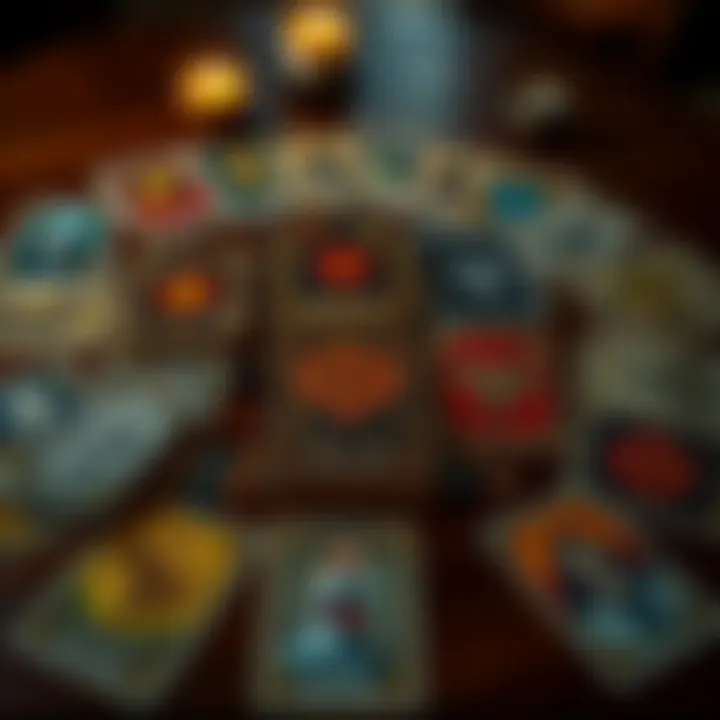 A variety of tarot cards laid out on a wooden table, each showing different symbols and images, suggesting insights about thoughts and feelings.
