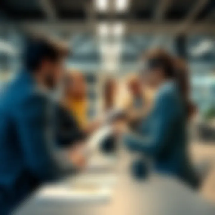 A group of diverse professionals discussing resume ideas and interview strategies in an office setting