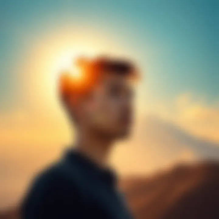 A person looking confused while reviewing career options under a bright sun and a distant mountain representing challenges.