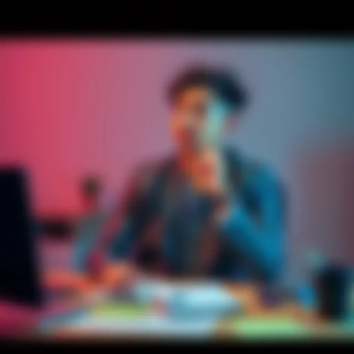 Person contemplating career change A young professional sitting at a desk, looking thoughtful while surrounded by notes and affirmations for a fulfilling career change.