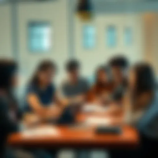 A diverse group of young people sitting at a table, engaged in a discussion about career paths and future opportunities, with a laptop and career-related materials spread out on the table.